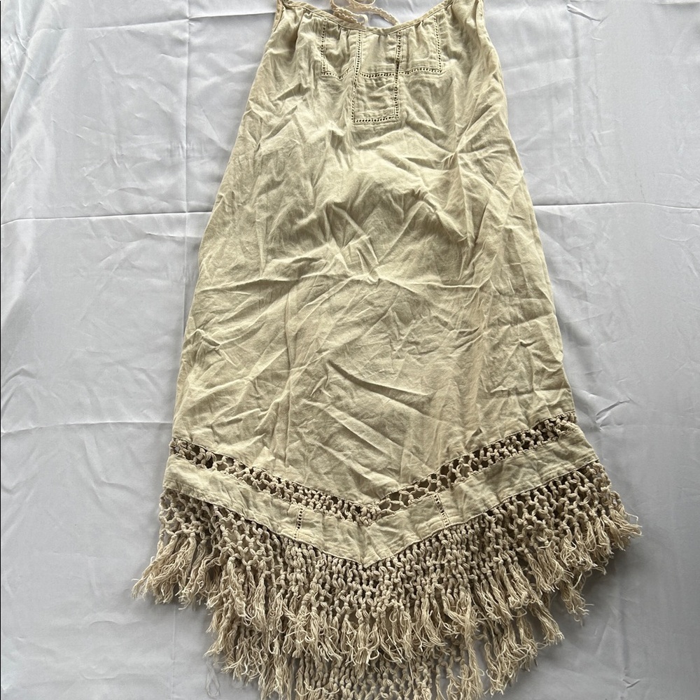 Hurley Beige Fringed Women's Mini Dress Boho Coastal Cowboy 100% Cotton